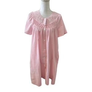 Miss Elaine Seersucker Short Sleeve Nightgown House Dress Pink Gingham Check S